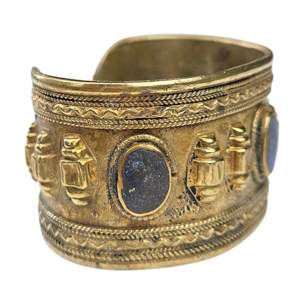 Afghan Peshawar Lapis Lazuli Cuff Bracelet Gilt Brass Blue Ethnic Vintage ~6.5" - Picture 7 of 11